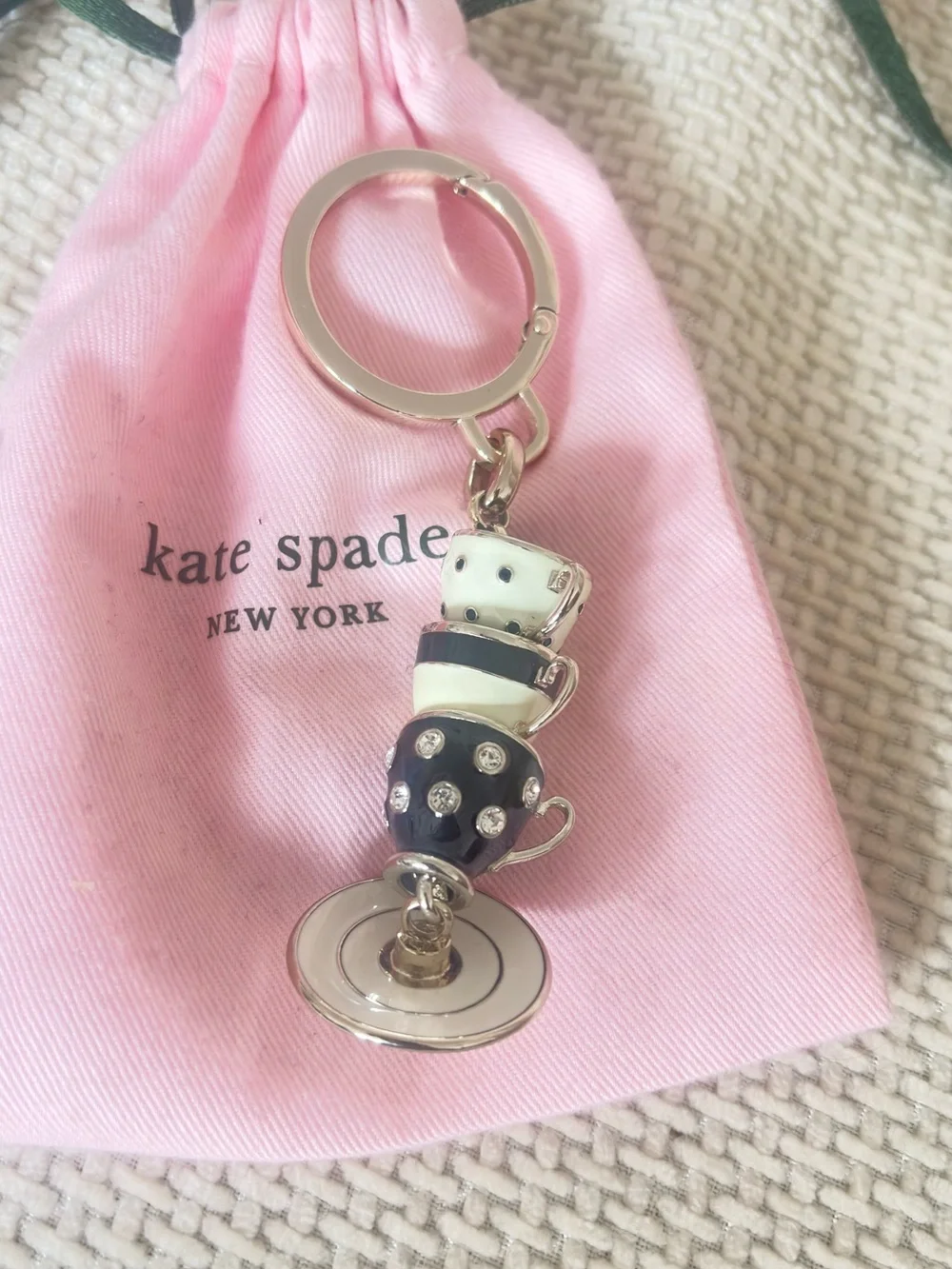 kate spade Black & White Stacked Teacup Keychain with Crystal Accents